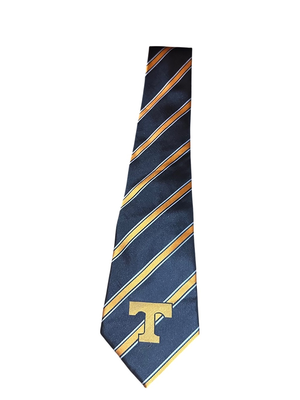 Men's Navy and Gold Striped Tie with 'T' Accent